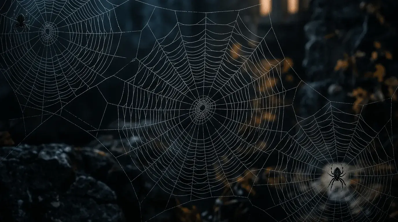 An AI-generated Halloween Zoom background of intricate spider webs on a black background
