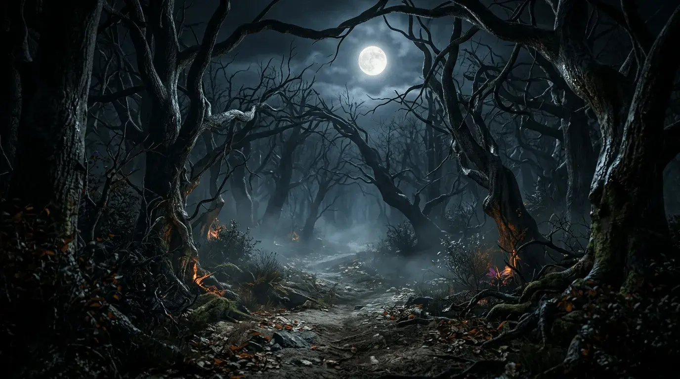 An AI-generated Halloween Zoom background of a spooky forest and a full moon