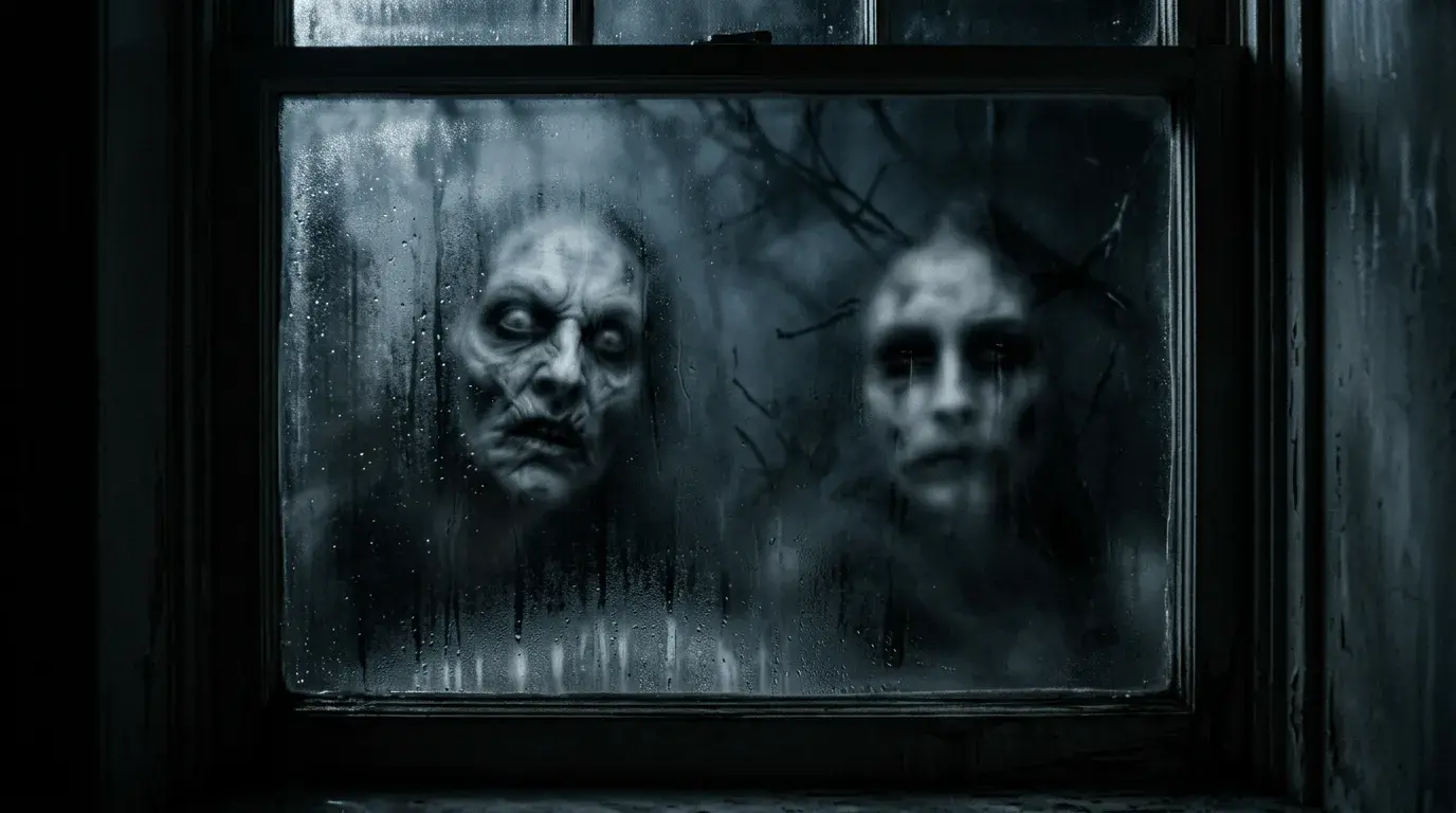 An AI-generated Halloween Zoom background of a foggy window pane and two scary faces looking through it