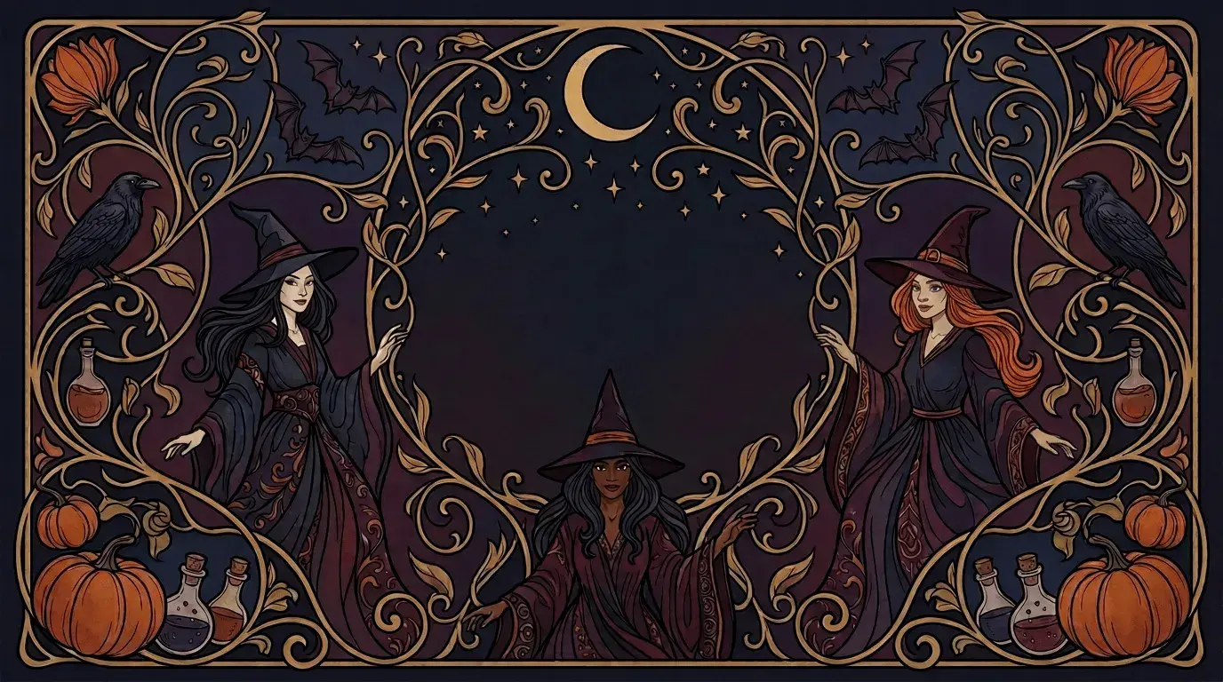 An AI-generated Halloween Zoom background of three witches, crows, and pumpkins rendered in an art nouveau style