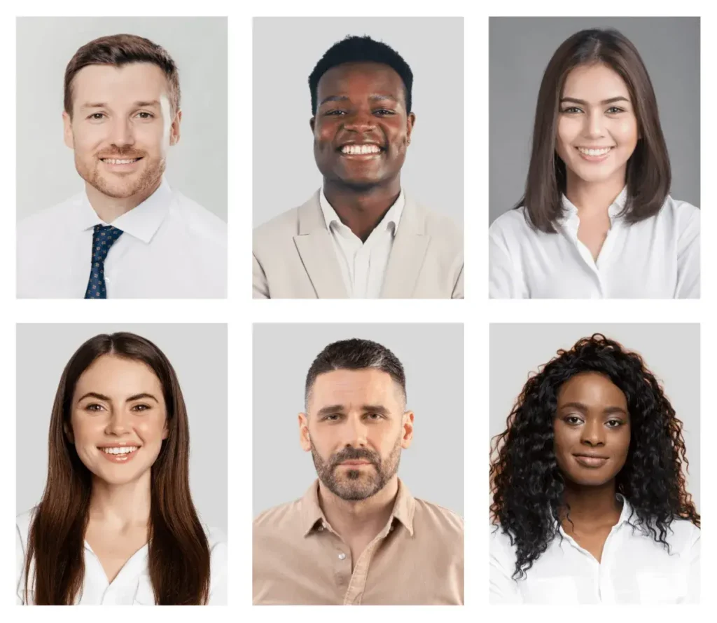 An example of team headshots showing continuity between clothing choices, pose, and background across individual headshots