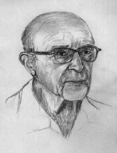 Black and white line drawing of Carl Rogers. He is shown as an older man wearing glasses and an open-collared shirt